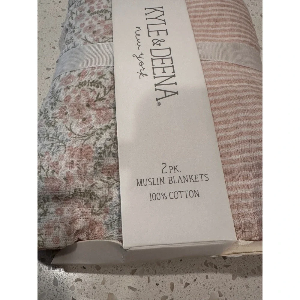 Kyle & Deena 2Pk Muslin Swaddle Blankets Pink Floral Stripe 100% Cotton 36x40